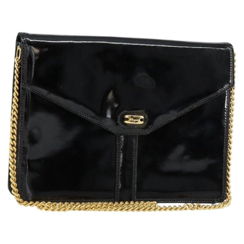 Authentic Salvatore Ferragamo Shoulder Bag Patent leather Black Gold